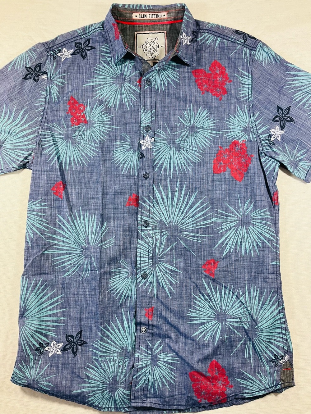 GOOD VIBES Men's Large Slim Fit Blue Floral Hawaiian Beach Short Sleeve Shirt